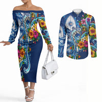 American Samoa Pago Pago Couples Matching Off The Shoulder Long Sleeve Dress and Long Sleeve Button Shirt Sea Turtle And Fruit Bat - Tropical Hibiscus Flowers Polynesian TS04 Blue White - Polynesian Pride