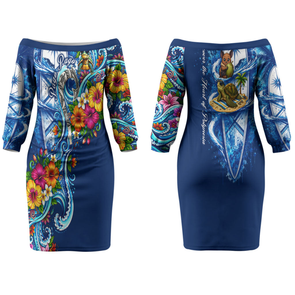 American Samoa Pago Pago Couples Matching Off The Shoulder Long Sleeve Dress and Long Sleeve Button Shirt Sea Turtle And Fruit Bat - Tropical Hibiscus Flowers Polynesian TS04 - Polynesian Pride