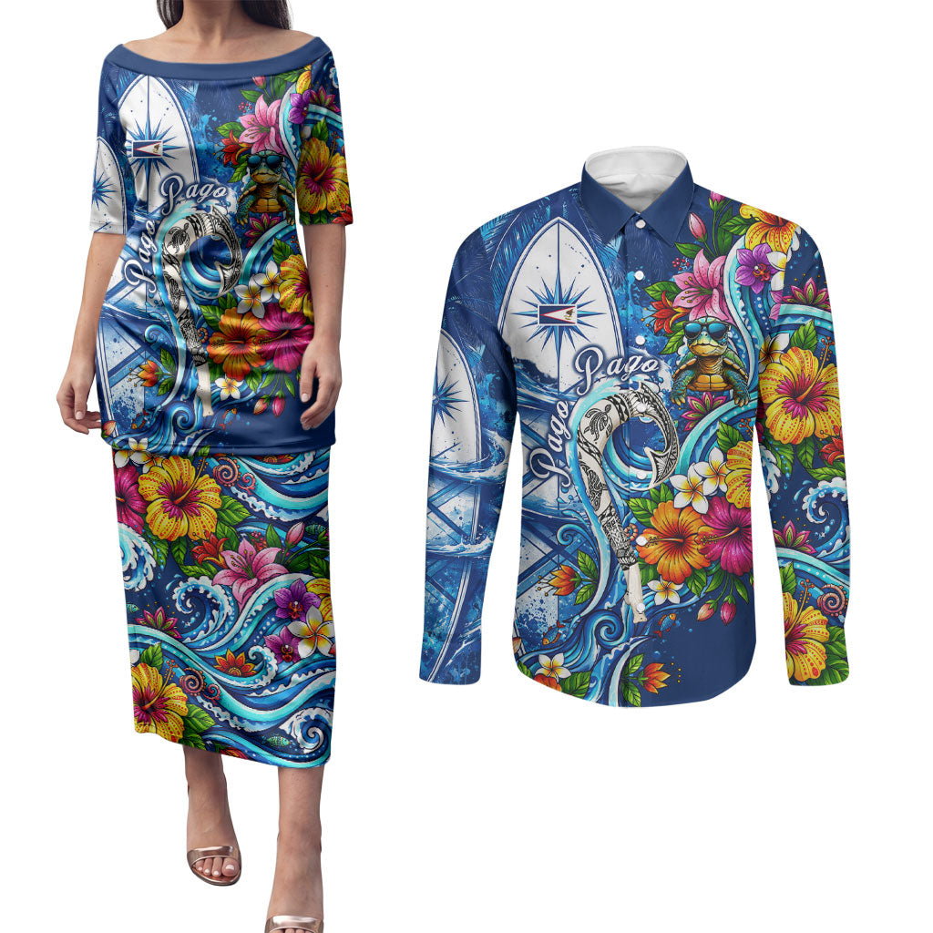 American Samoa Pago Pago Couples Matching Puletasi and Long Sleeve Button Shirt Sea Turtle And Fruit Bat - Tropical Hibiscus Flowers Polynesian TS04 Blue White - Polynesian Pride