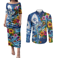 American Samoa Pago Pago Couples Matching Puletasi and Long Sleeve Button Shirt Sea Turtle And Fruit Bat - Tropical Hibiscus Flowers Polynesian TS04 Blue White - Polynesian Pride