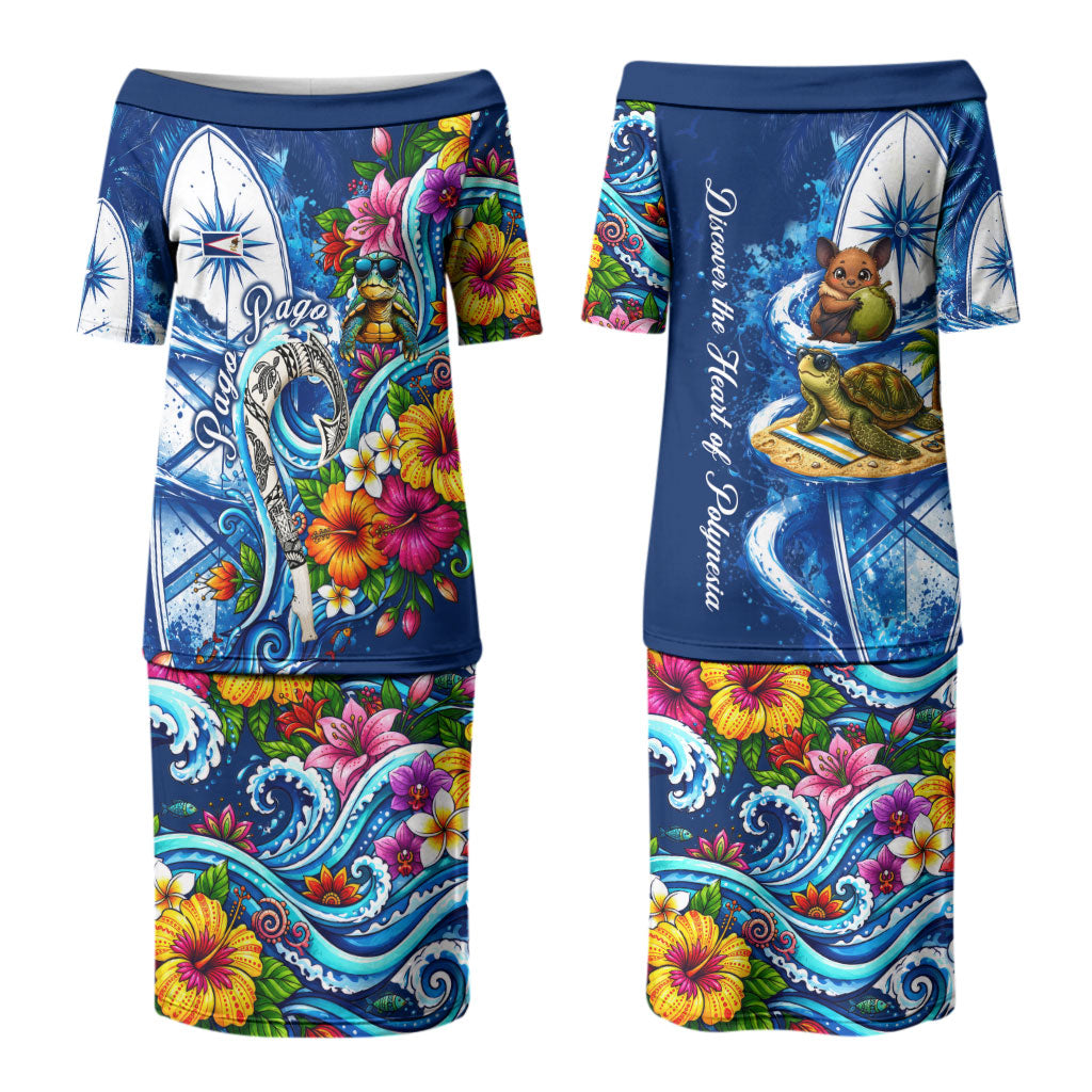 American Samoa Pago Pago Couples Matching Puletasi and Long Sleeve Button Shirt Sea Turtle And Fruit Bat - Tropical Hibiscus Flowers Polynesian TS04 - Polynesian Pride