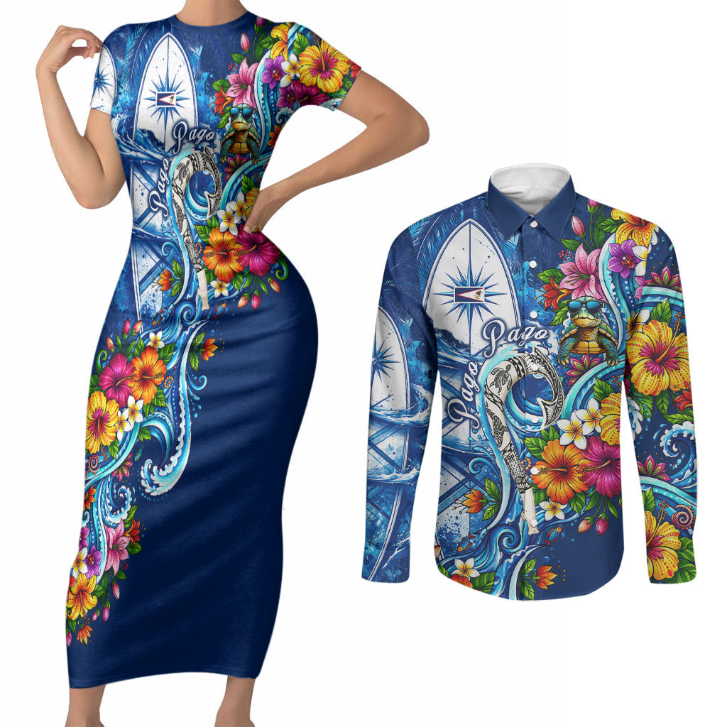 American Samoa Pago Pago Couples Matching Short Sleeve Bodycon Dress and Long Sleeve Button Shirt Sea Turtle And Fruit Bat - Tropical Hibiscus Flowers Polynesian TS04 Blue White - Polynesian Pride