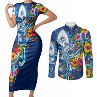 American Samoa Pago Pago Couples Matching Short Sleeve Bodycon Dress and Long Sleeve Button Shirt Sea Turtle And Fruit Bat - Tropical Hibiscus Flowers Polynesian TS04 Blue White - Polynesian Pride