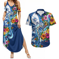 American Samoa Pago Pago Couples Matching Summer Maxi Dress and Hawaiian Shirt Sea Turtle And Fruit Bat - Tropical Hibiscus Flowers Polynesian TS04 Blue White - Polynesian Pride