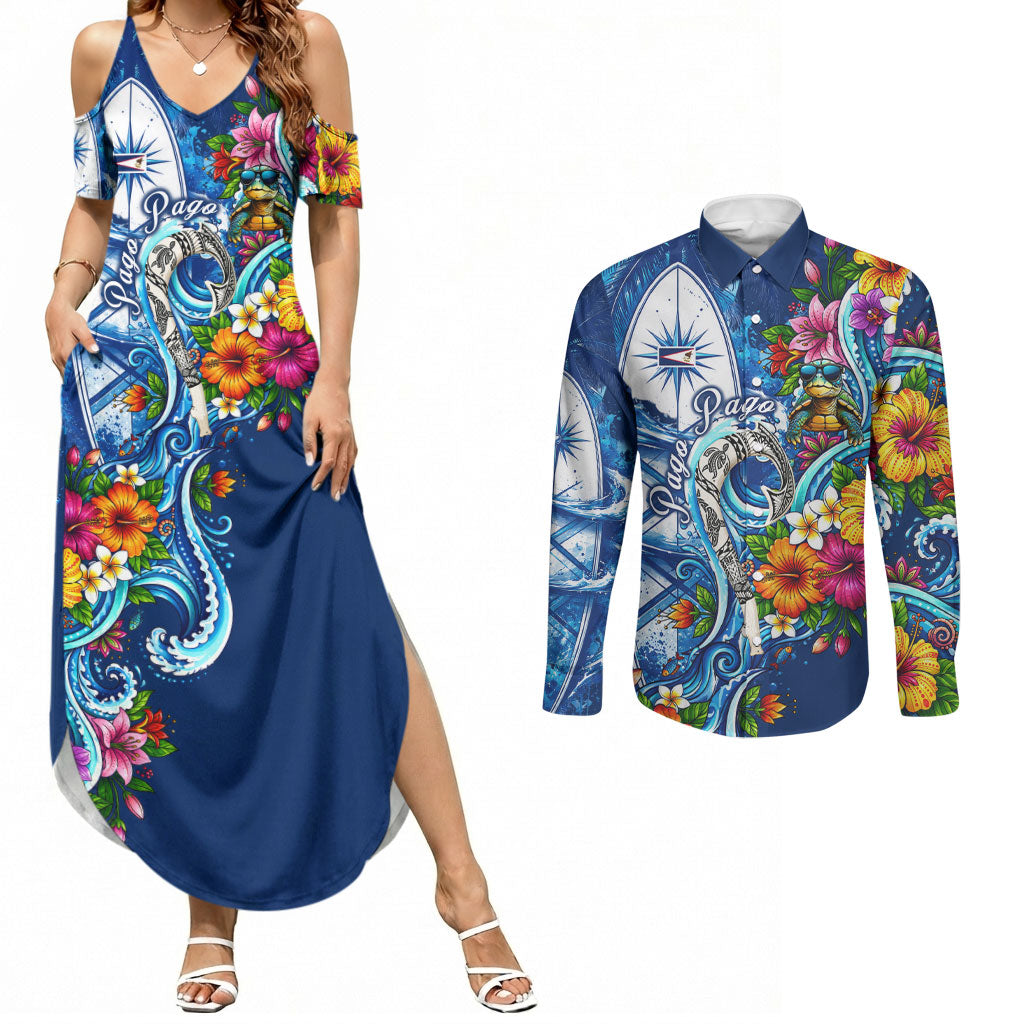 American Samoa Pago Pago Couples Matching Summer Maxi Dress and Long Sleeve Button Shirt Sea Turtle And Fruit Bat - Tropical Hibiscus Flowers Polynesian TS04 Blue White - Polynesian Pride
