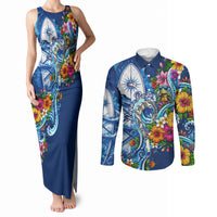 American Samoa Pago Pago Couples Matching Tank Maxi Dress and Long Sleeve Button Shirt Sea Turtle And Fruit Bat - Tropical Hibiscus Flowers Polynesian TS04 Blue White - Polynesian Pride