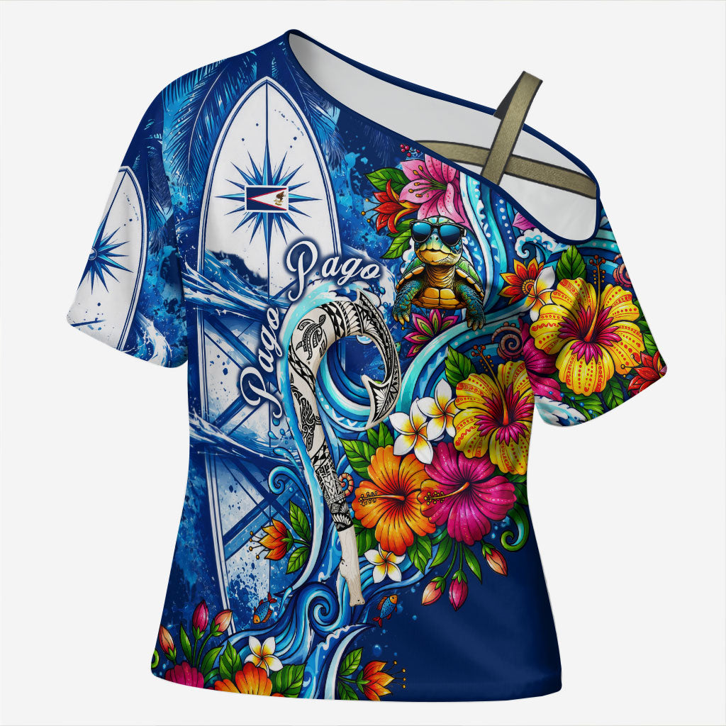 American Samoa Pago Pago Cross Shoulder Shirt Sea Turtle And Fruit Bat - Tropical Hibiscus Flowers Polynesian TS04 Female Blue White - Polynesian Pride