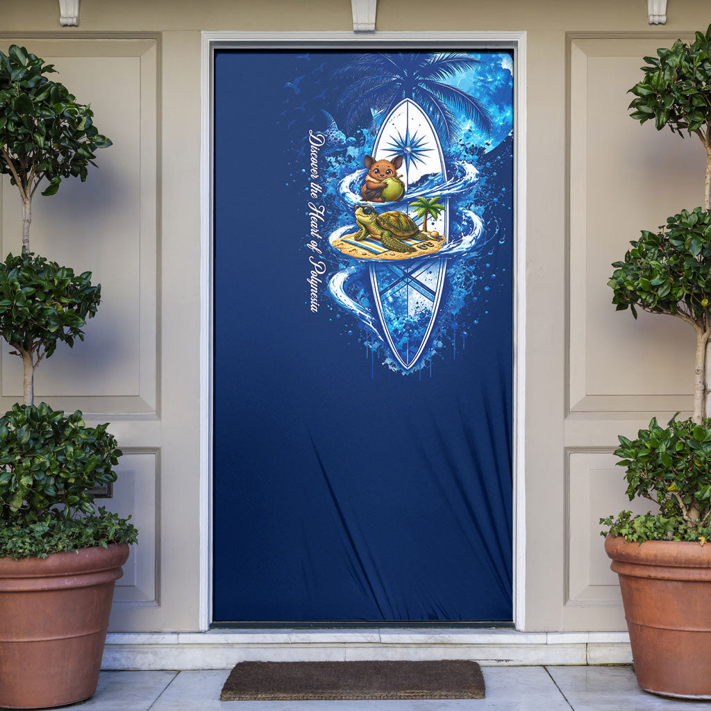 American Samoa Pago Pago Door Cover Sea Turtle And Fruit Bat - Tropical Hibiscus Flowers Polynesian TS04 Blue White - Polynesian Pride