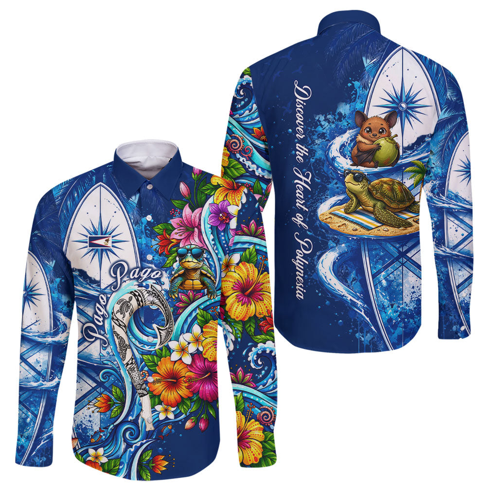 American Samoa Pago Pago Family Matching Long Sleeve Bodycon Dress and Hawaiian Shirt Sea Turtle And Fruit Bat - Tropical Hibiscus Flowers Polynesian TS04 Dad's Shirt - Long Sleeve Blue White - Polynesian Pride