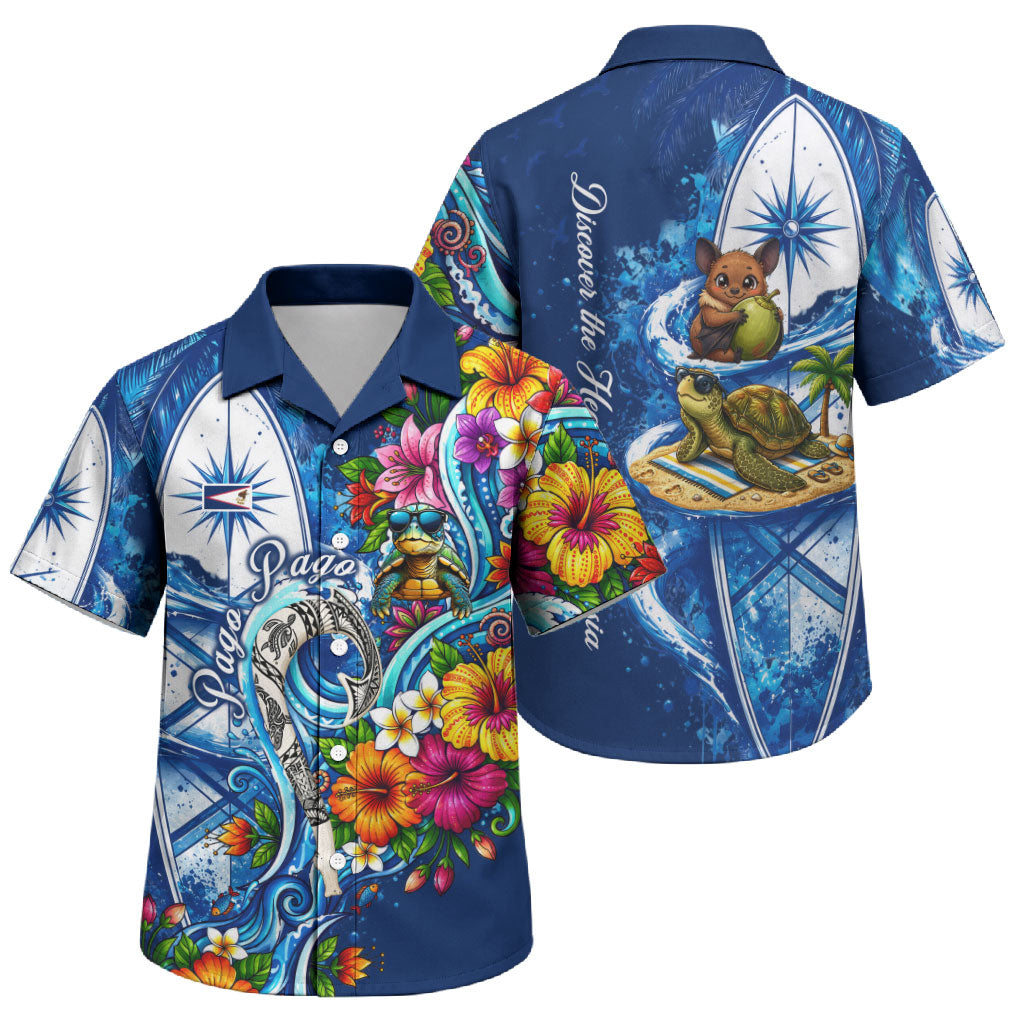 American Samoa Pago Pago Family Matching Long Sleeve Bodycon Dress and Hawaiian Shirt Sea Turtle And Fruit Bat - Tropical Hibiscus Flowers Polynesian TS04 Son's Shirt Blue White - Polynesian Pride