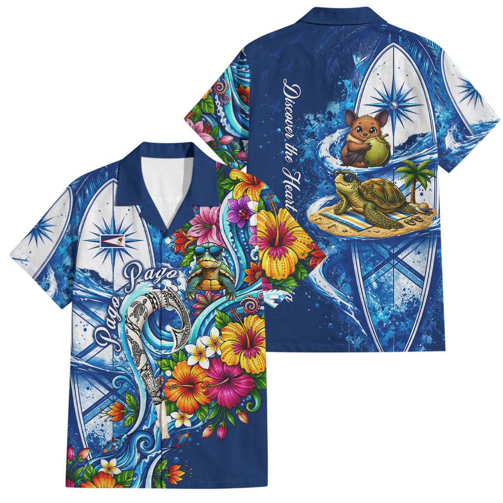 American Samoa Pago Pago Family Matching Short Sleeve Bodycon Dress and Hawaiian Shirt Sea Turtle And Fruit Bat - Tropical Hibiscus Flowers Polynesian TS04 Dad's Shirt - Short Sleeve Blue White - Polynesian Pride