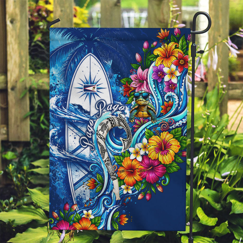 American Samoa Pago Pago Garden Flag Sea Turtle And Fruit Bat - Tropical Hibiscus Flowers Polynesian TS04 Garden Flag Blue White - Polynesian Pride
