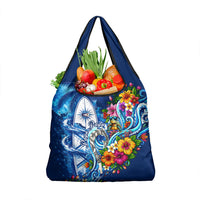 American Samoa Pago Pago Grocery Bag Sea Turtle And Fruit Bat - Tropical Hibiscus Flowers Polynesian TS04 1-pack One Size Blue White - Polynesian Pride