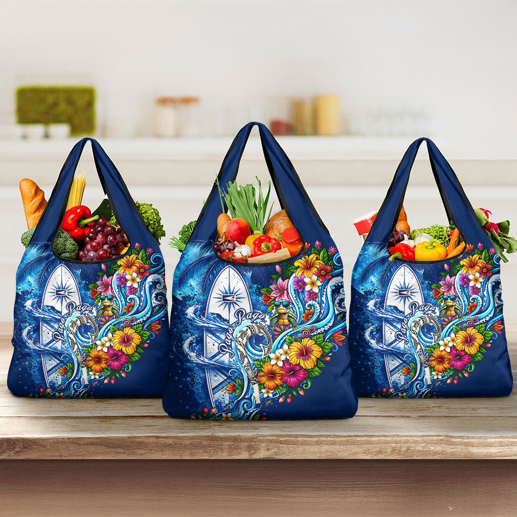 American Samoa Pago Pago Grocery Bag Sea Turtle And Fruit Bat - Tropical Hibiscus Flowers Polynesian TS04 3-pack One Size Blue White - Polynesian Pride