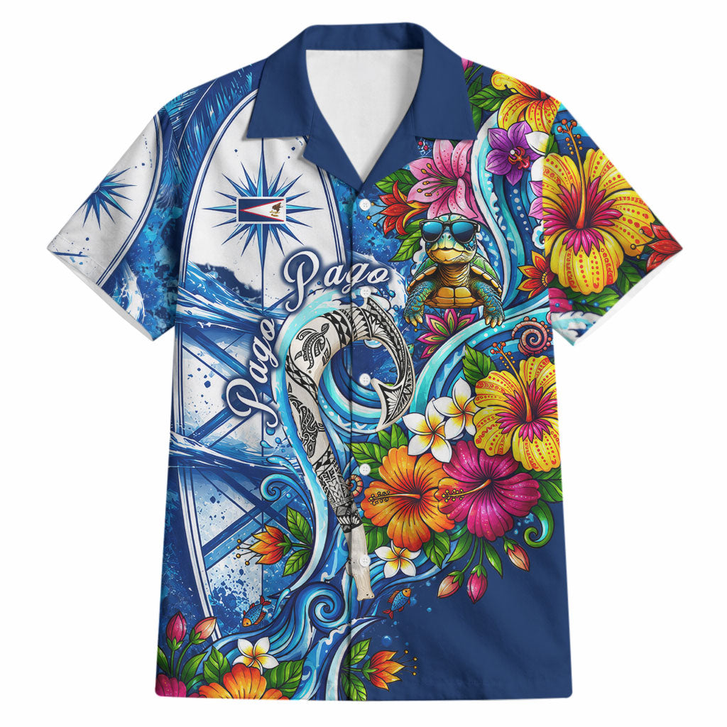 American Samoa Pago Pago Hawaiian Shirt Sea Turtle And Fruit Bat - Tropical Hibiscus Flowers Polynesian TS04 Blue White - Polynesian Pride