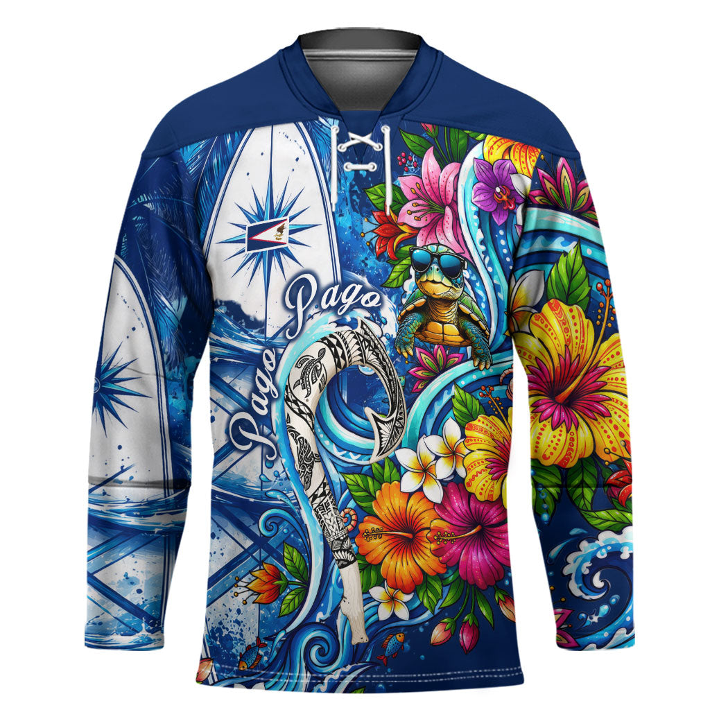 American Samoa Pago Pago Hockey Jersey Sea Turtle And Fruit Bat - Tropical Hibiscus Flowers Polynesian TS04 Unisex Blue White - Polynesian Pride