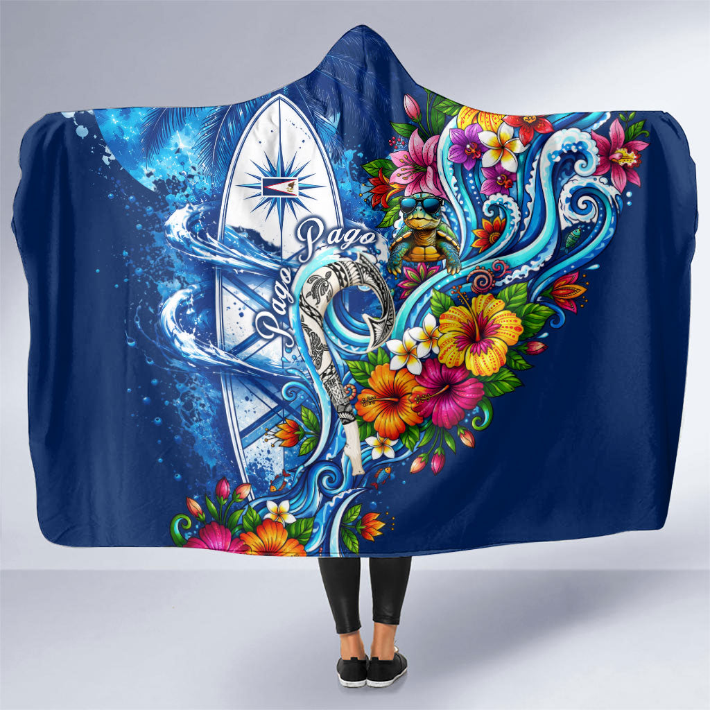American Samoa Pago Pago Hooded Blanket Sea Turtle And Fruit Bat - Tropical Hibiscus Flowers Polynesian TS04 One Size Blue White - Polynesian Pride
