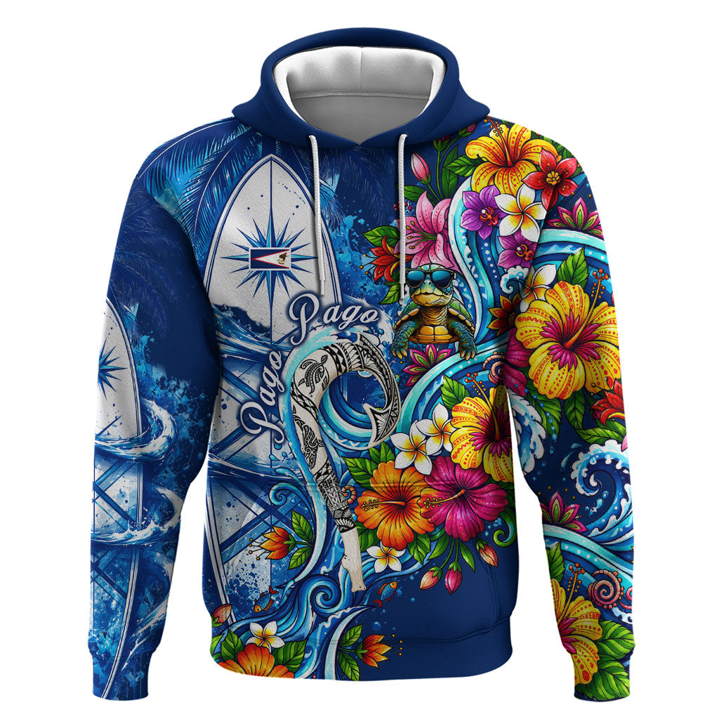 American Samoa Pago Pago Hoodie Sea Turtle And Fruit Bat - Tropical Hibiscus Flowers Polynesian TS04 Pullover Hoodie Blue White - Polynesian Pride