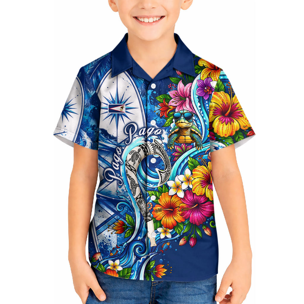 American Samoa Pago Pago Kid Hawaiian Shirt Sea Turtle And Fruit Bat - Tropical Hibiscus Flowers Polynesian TS04 Kid Blue White - Polynesian Pride