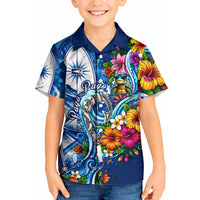 American Samoa Pago Pago Kid Hawaiian Shirt Sea Turtle And Fruit Bat - Tropical Hibiscus Flowers Polynesian TS04 Kid Blue White - Polynesian Pride