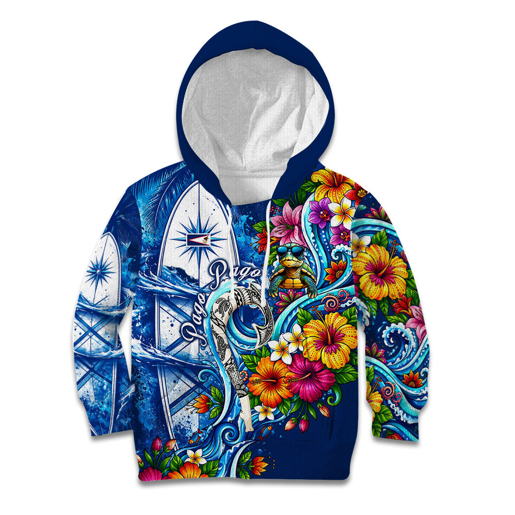 American Samoa Pago Pago Kid Hoodie Sea Turtle And Fruit Bat - Tropical Hibiscus Flowers Polynesian TS04 Hoodie Blue White - Polynesian Pride