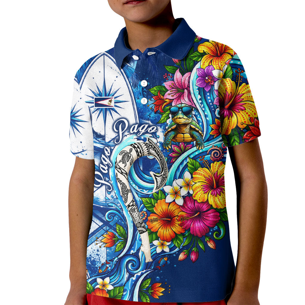 American Samoa Pago Pago Kid Polo Shirt Sea Turtle And Fruit Bat - Tropical Hibiscus Flowers Polynesian TS04 Kid Blue White - Polynesian Pride