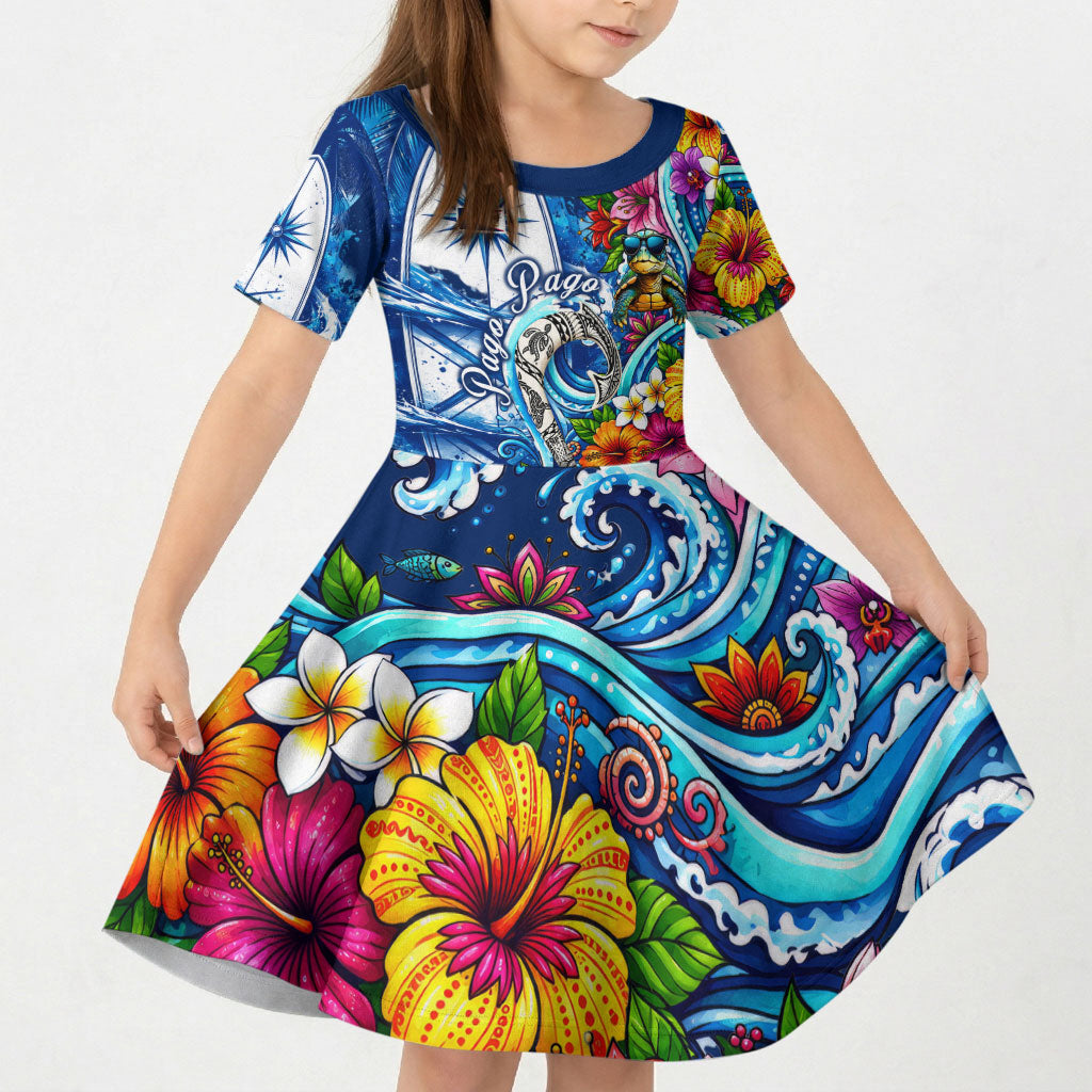 American Samoa Pago Pago Kid Short Sleeve Dress Sea Turtle And Fruit Bat - Tropical Hibiscus Flowers Polynesian TS04 KID Blue White - Polynesian Pride