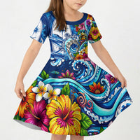 American Samoa Pago Pago Kid Short Sleeve Dress Sea Turtle And Fruit Bat - Tropical Hibiscus Flowers Polynesian TS04 KID Blue White - Polynesian Pride