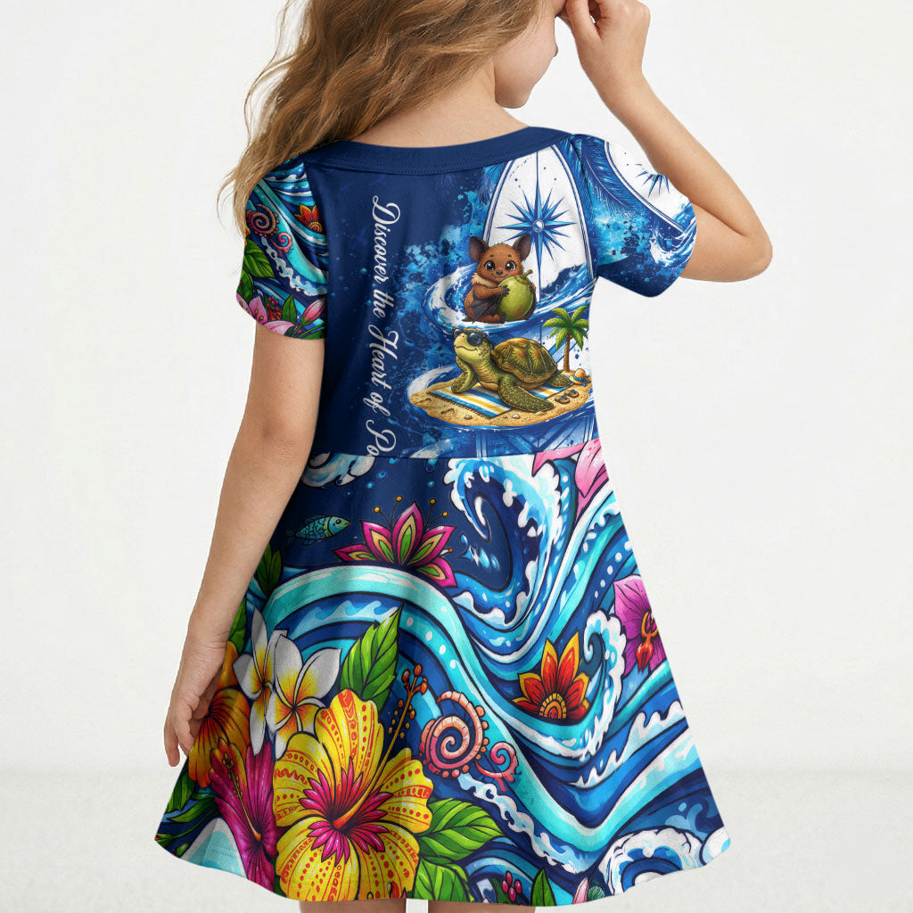 American Samoa Pago Pago Kid Short Sleeve Dress Sea Turtle And Fruit Bat - Tropical Hibiscus Flowers Polynesian TS04 - Polynesian Pride