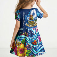 American Samoa Pago Pago Kid Short Sleeve Dress Sea Turtle And Fruit Bat - Tropical Hibiscus Flowers Polynesian TS04 - Polynesian Pride