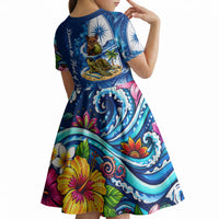 American Samoa Pago Pago Kid Short Sleeve Dress Sea Turtle And Fruit Bat - Tropical Hibiscus Flowers Polynesian TS04 - Polynesian Pride