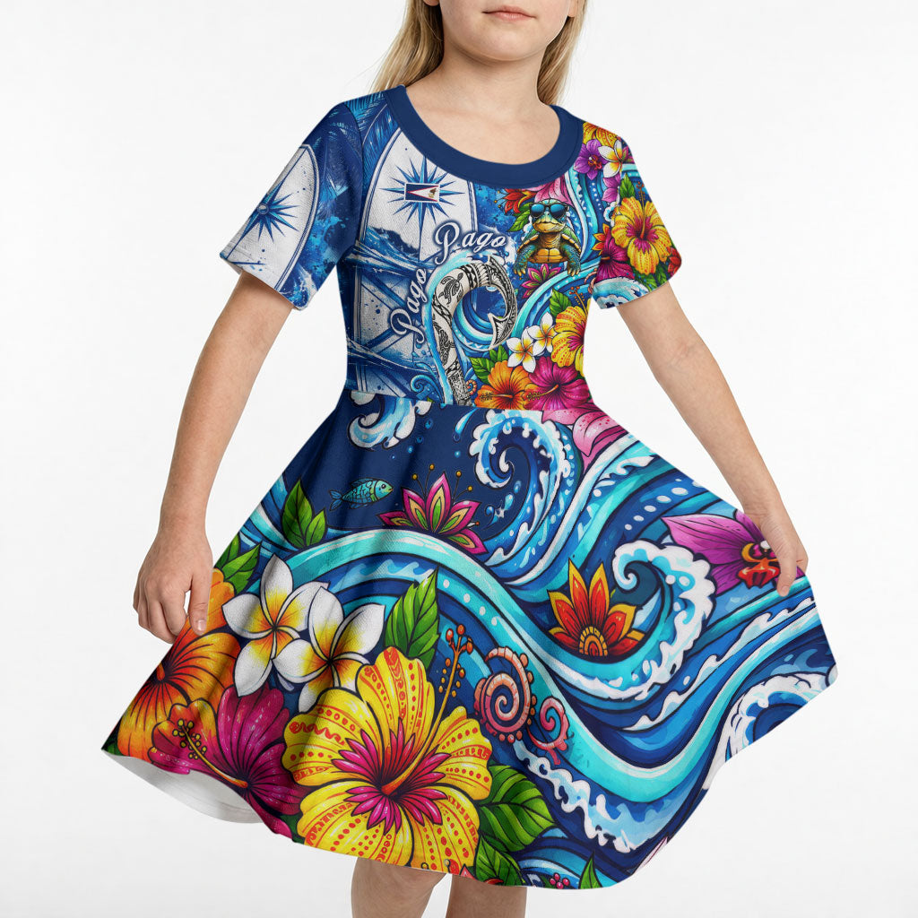 American Samoa Pago Pago Kid Short Sleeve Dress Sea Turtle And Fruit Bat - Tropical Hibiscus Flowers Polynesian TS04 - Polynesian Pride