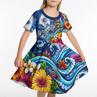 American Samoa Pago Pago Kid Short Sleeve Dress Sea Turtle And Fruit Bat - Tropical Hibiscus Flowers Polynesian TS04 - Polynesian Pride