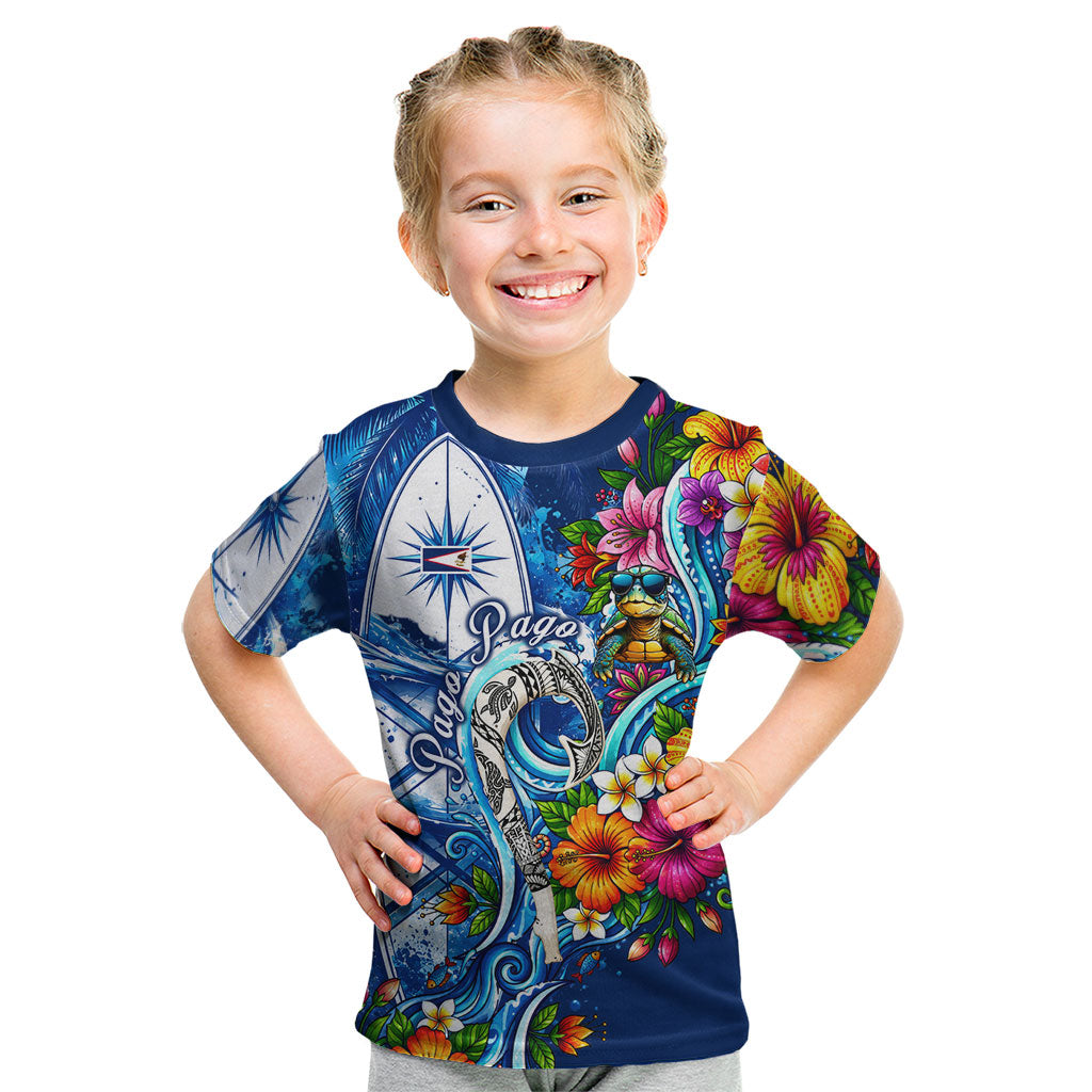American Samoa Pago Pago Kid T Shirt Sea Turtle And Fruit Bat - Tropical Hibiscus Flowers Polynesian TS04 Blue White - Polynesian Pride