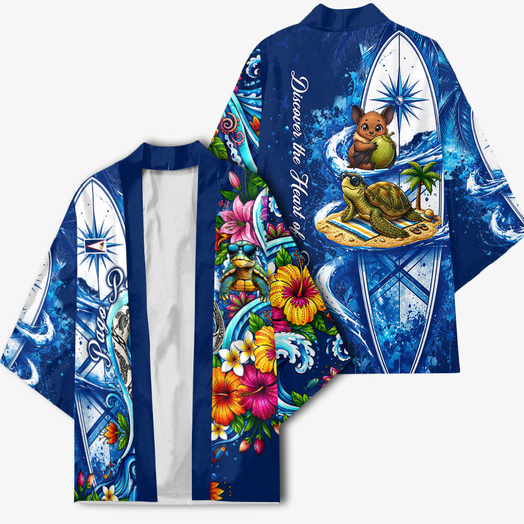 American Samoa Pago Pago Kimono Sea Turtle And Fruit Bat - Tropical Hibiscus Flowers Polynesian TS04 - Polynesian Pride