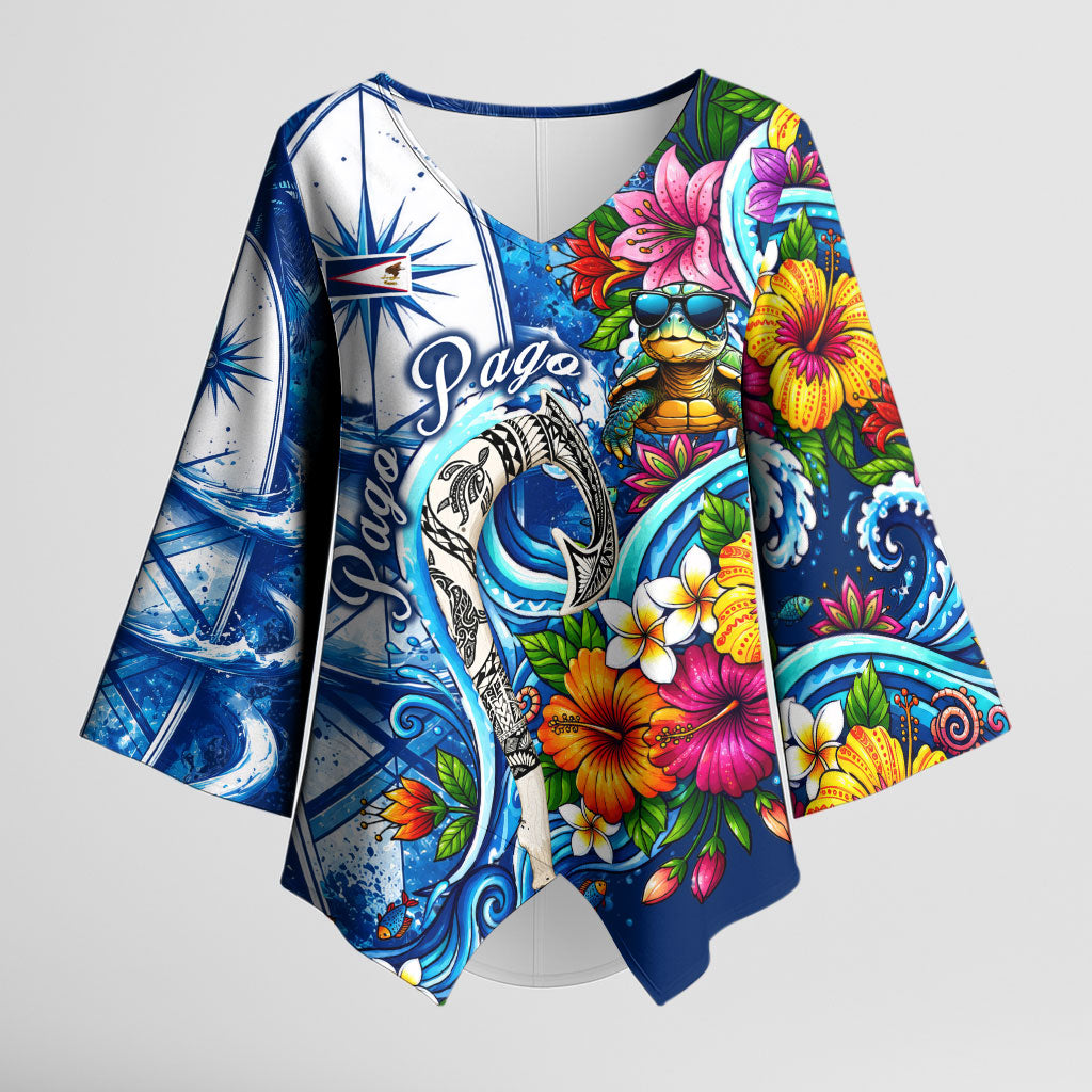 American Samoa Pago Pago Kimono Sleeve Blouse Sea Turtle And Fruit Bat - Tropical Hibiscus Flowers Polynesian TS04 Female Blue White - Polynesian Pride