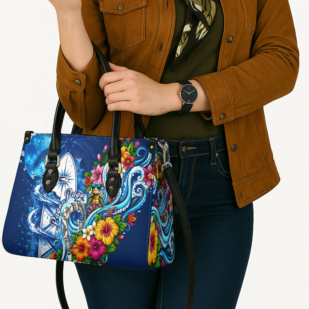 American Samoa Pago Pago Leather Bag Sea Turtle And Fruit Bat - Tropical Hibiscus Flowers Polynesian TS04 - Polynesian Pride