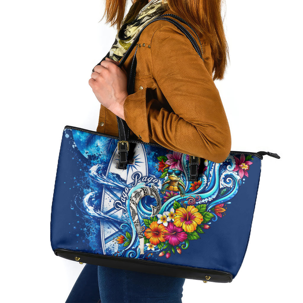 American Samoa Pago Pago Leather Tote Bag Sea Turtle And Fruit Bat - Tropical Hibiscus Flowers Polynesian TS04 Blue White - Polynesian Pride