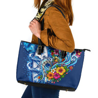 American Samoa Pago Pago Leather Tote Bag Sea Turtle And Fruit Bat - Tropical Hibiscus Flowers Polynesian TS04 Blue White - Polynesian Pride