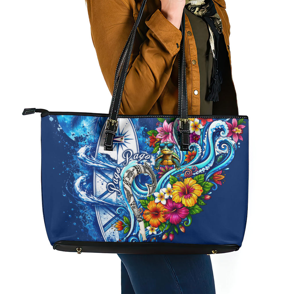 American Samoa Pago Pago Leather Tote Bag Sea Turtle And Fruit Bat - Tropical Hibiscus Flowers Polynesian TS04 - Polynesian Pride