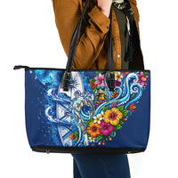 American Samoa Pago Pago Leather Tote Bag Sea Turtle And Fruit Bat - Tropical Hibiscus Flowers Polynesian TS04 - Polynesian Pride