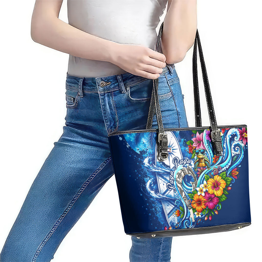 American Samoa Pago Pago Leather Tote Bag Sea Turtle And Fruit Bat - Tropical Hibiscus Flowers Polynesian TS04 - Polynesian Pride
