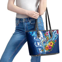 American Samoa Pago Pago Leather Tote Bag Sea Turtle And Fruit Bat - Tropical Hibiscus Flowers Polynesian TS04 - Polynesian Pride