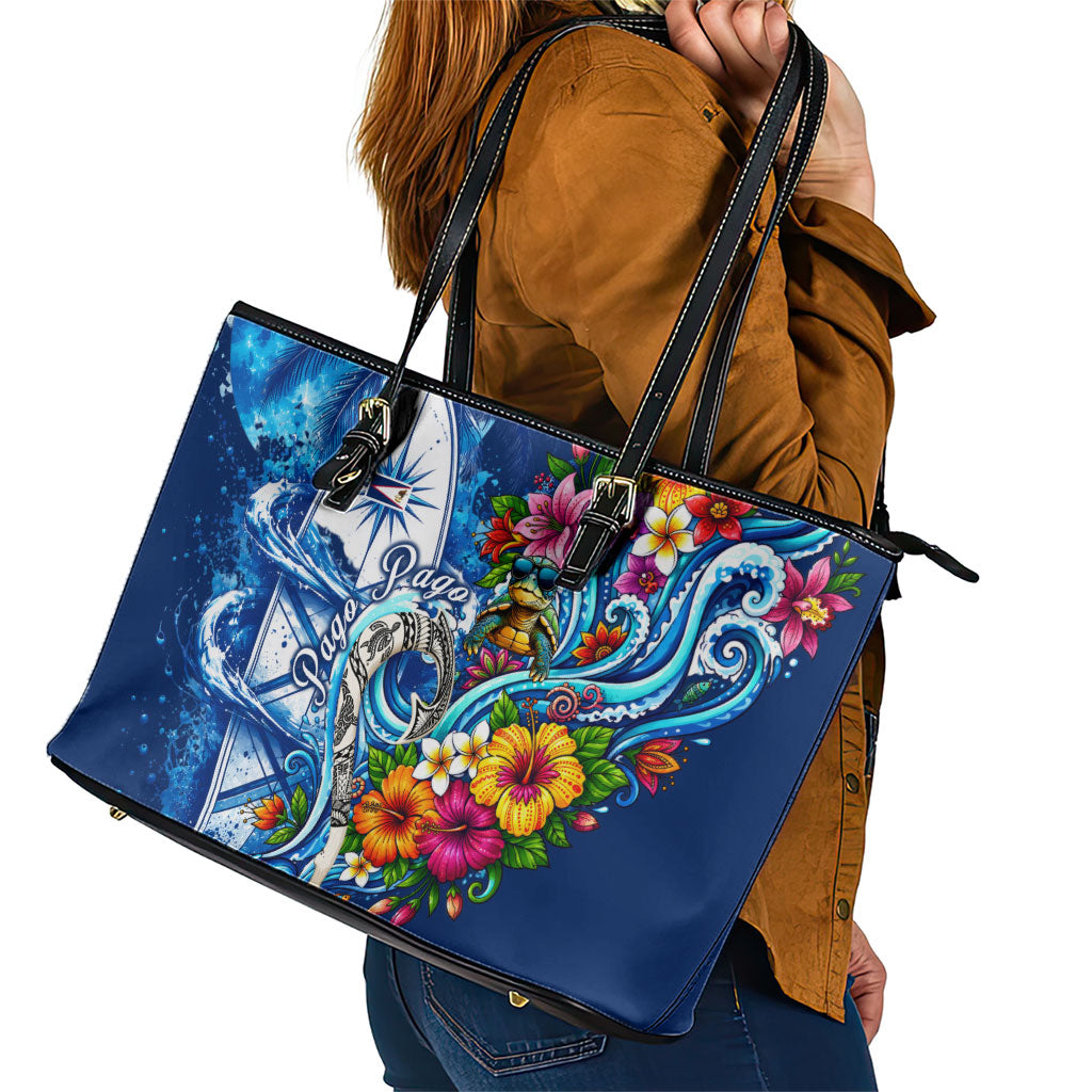 American Samoa Pago Pago Leather Tote Bag Sea Turtle And Fruit Bat - Tropical Hibiscus Flowers Polynesian TS04 - Polynesian Pride