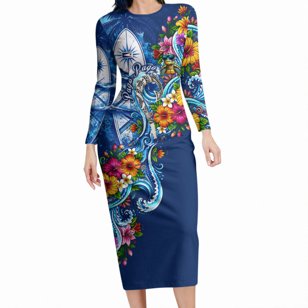 American Samoa Pago Pago Long Sleeve Bodycon Dress Sea Turtle And Fruit Bat - Tropical Hibiscus Flowers Polynesian TS04 Long Dress Blue White - Polynesian Pride