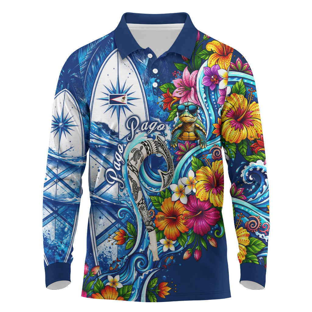 American Samoa Pago Pago Long Sleeve Polo Shirt Sea Turtle And Fruit Bat - Tropical Hibiscus Flowers Polynesian TS04 Blue White - Polynesian Pride