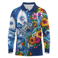 American Samoa Pago Pago Long Sleeve Polo Shirt Sea Turtle And Fruit Bat - Tropical Hibiscus Flowers Polynesian TS04 Blue White - Polynesian Pride