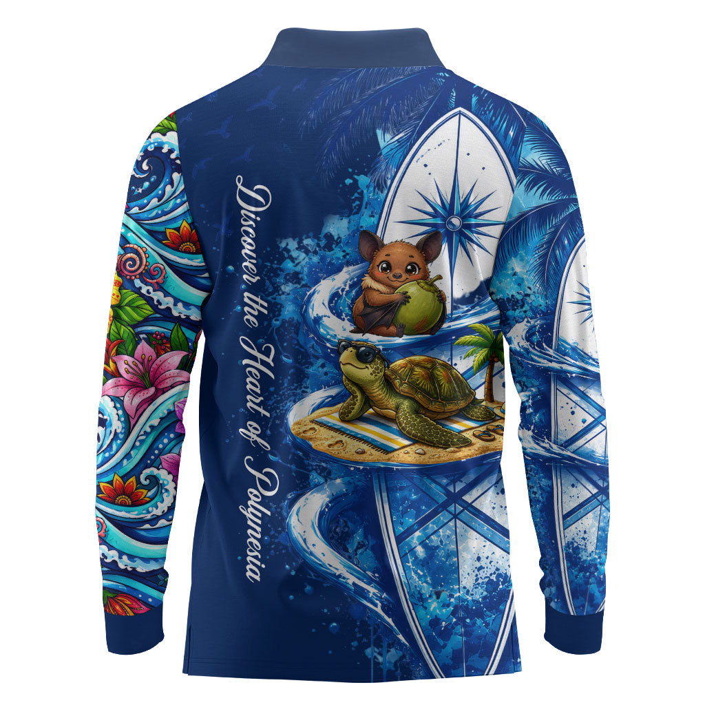 American Samoa Pago Pago Long Sleeve Polo Shirt Sea Turtle And Fruit Bat - Tropical Hibiscus Flowers Polynesian TS04 - Polynesian Pride