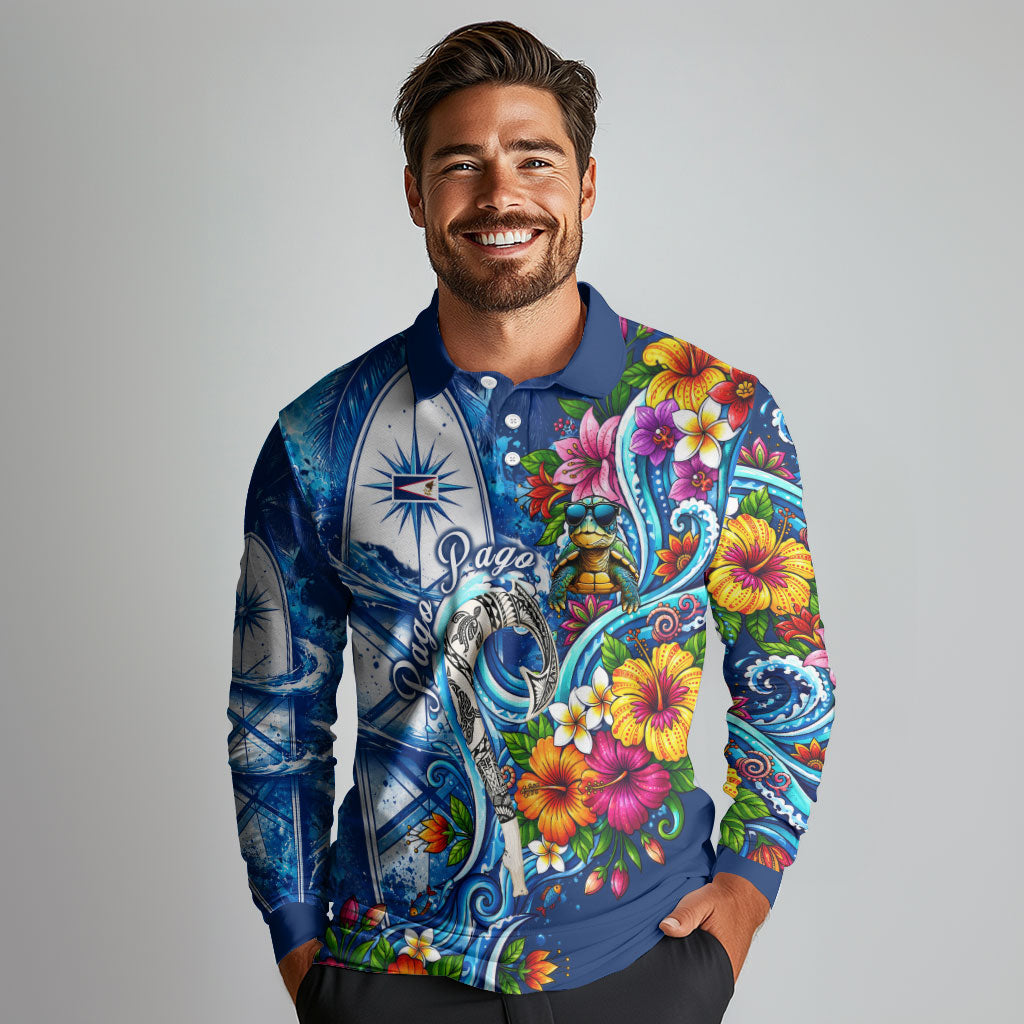 American Samoa Pago Pago Long Sleeve Polo Shirt Sea Turtle And Fruit Bat - Tropical Hibiscus Flowers Polynesian TS04 - Polynesian Pride