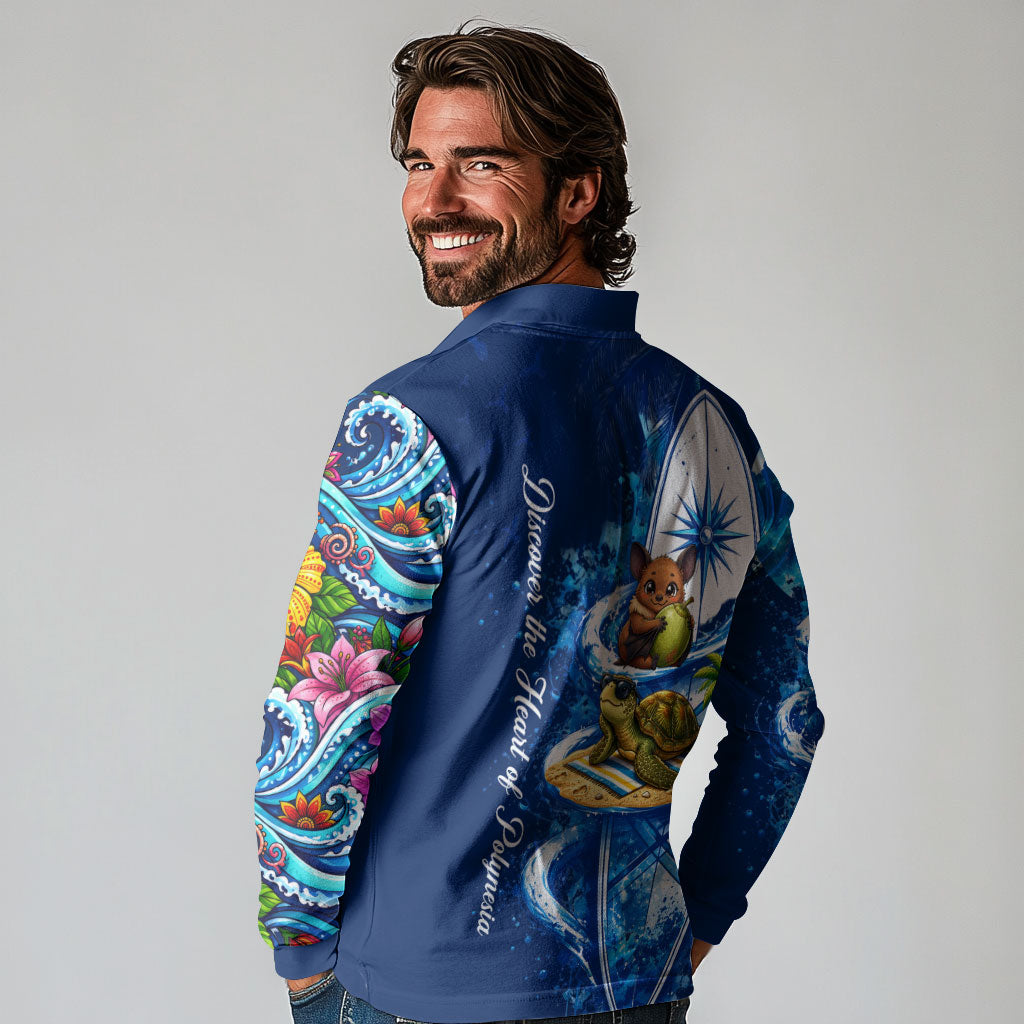 American Samoa Pago Pago Long Sleeve Polo Shirt Sea Turtle And Fruit Bat - Tropical Hibiscus Flowers Polynesian TS04 - Polynesian Pride